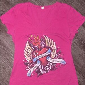 Bella Canvas Hot Pink V-Neck Tee with Heart, Wings & Banner Graphic